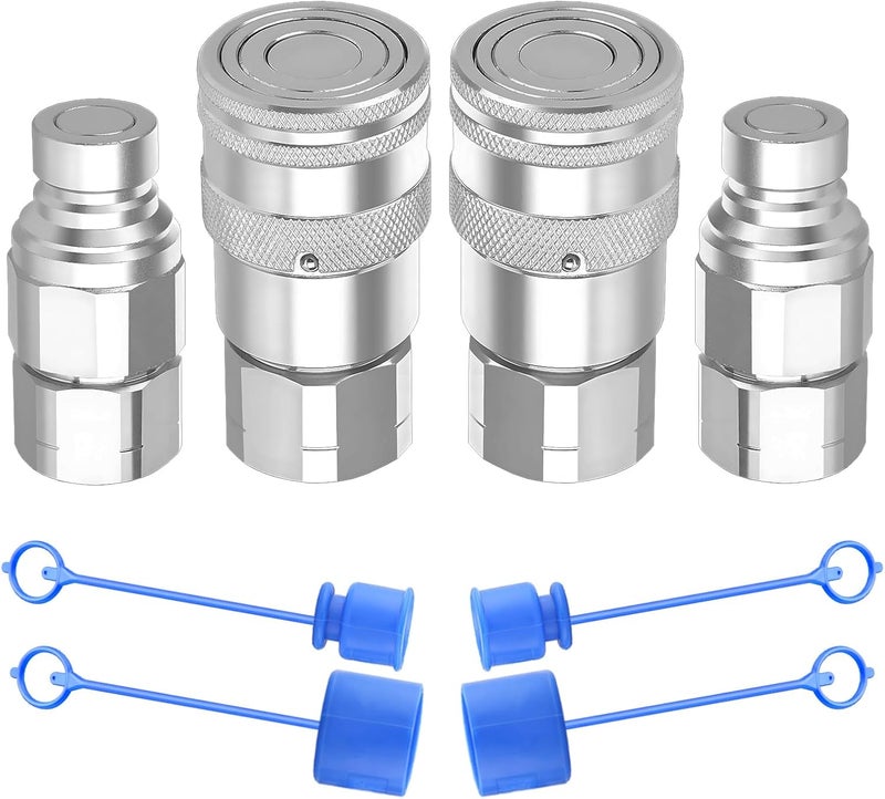 Cplbrb 3/4’’ NPT Flat Face Hydraulic Quick Connect Couplers/Couplings with Dust Caps, The Universal Bobcat Flat Face Quick Connect Fittings with with 1/2" Body ISO 16028 Standard-2Set - Image 1